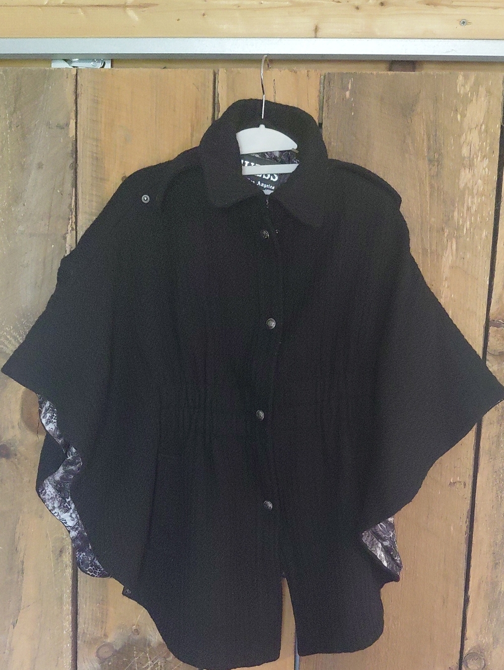 Guess Black Logo Patch Coat with Printed Lining, Poncho Style